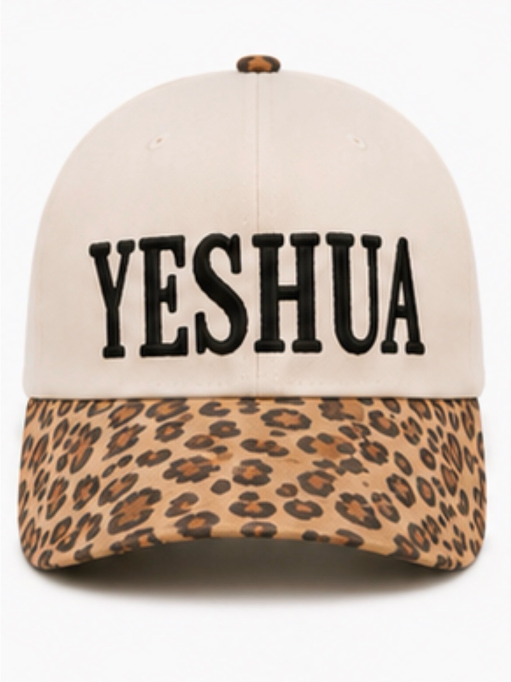 “YESHUA” Embroidered Trucker Hat | Cream Leopard Faith Cap NWT